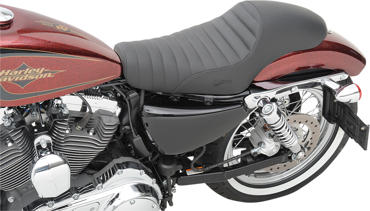 Bill's Exhausts Saddlemens Americano Tuck and Roll Seat for XLC motorcycles, featuring vintage leather upholstery with detailed stitching.