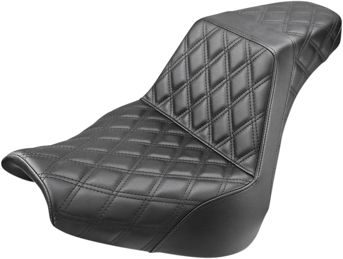Black SADDLEMEN Step-Up Seat with full lattice stitch design for FXBR/S motorcycle, showcasing detailed stitching and durable construction.