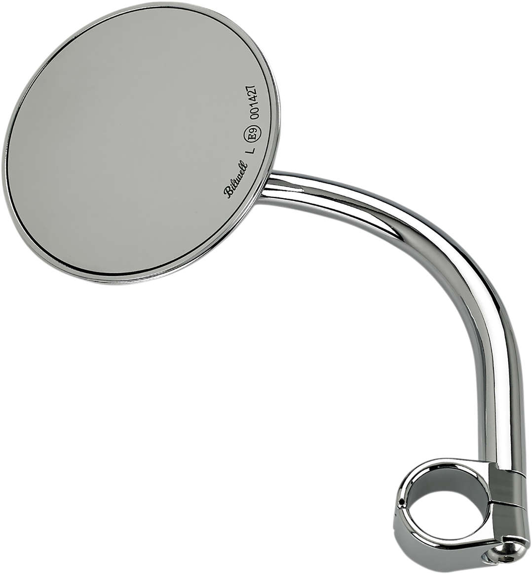 Round chrome BILTWELL mirror with mount, designed for motorcycles, showing the reflective surface and sturdy mounting hardware.