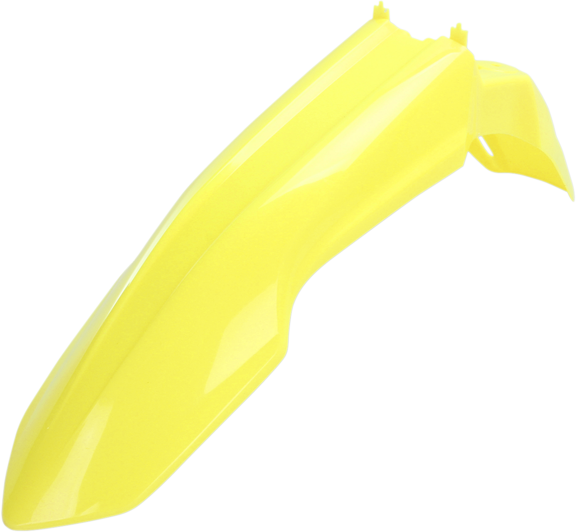 Acerbis fluorescent yellow front fender for motorcycle, made of durable plastic, with brand markings and mounting points visible.