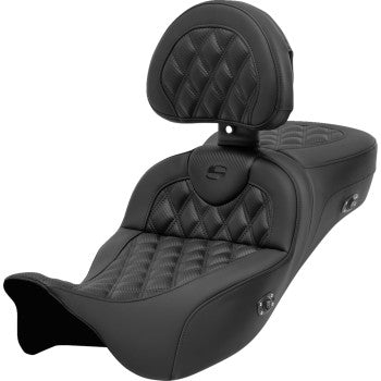 Bill's Exhausts SADDLEMEN Roadsofa™ extended reach motorcycle seat with backrest, lattice stitch, carbon fiber finish for FL models 2008-2023