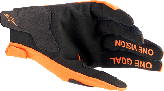 Youth Alpinstars Radar gloves in hot orange and black, showing the sporty, padded design with adjustable wrist straps.