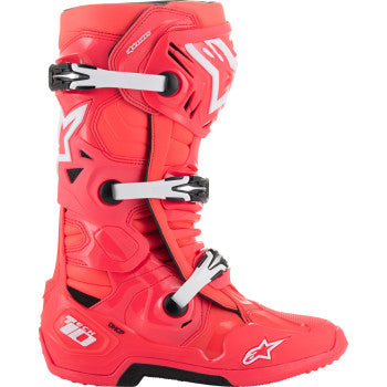 Alpinestars Tech 10 Diva Pink/White motorcycle boots with protective armor, US size 14, featuring sporty design and durable construction.