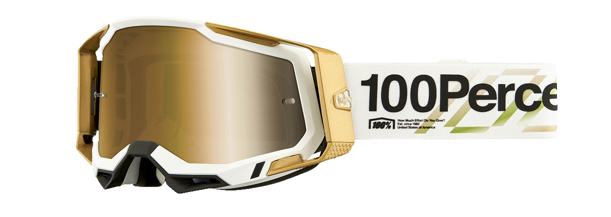 Bill's Exhausts 100% Racecraft 2 Goggles in Succession True Gold Mirror with tinted lenses for racing or motocross use