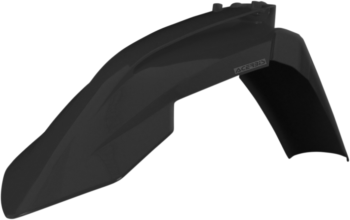 A black Acerbis front fender for motorcycle, made of durable body material, with mounting points visible.