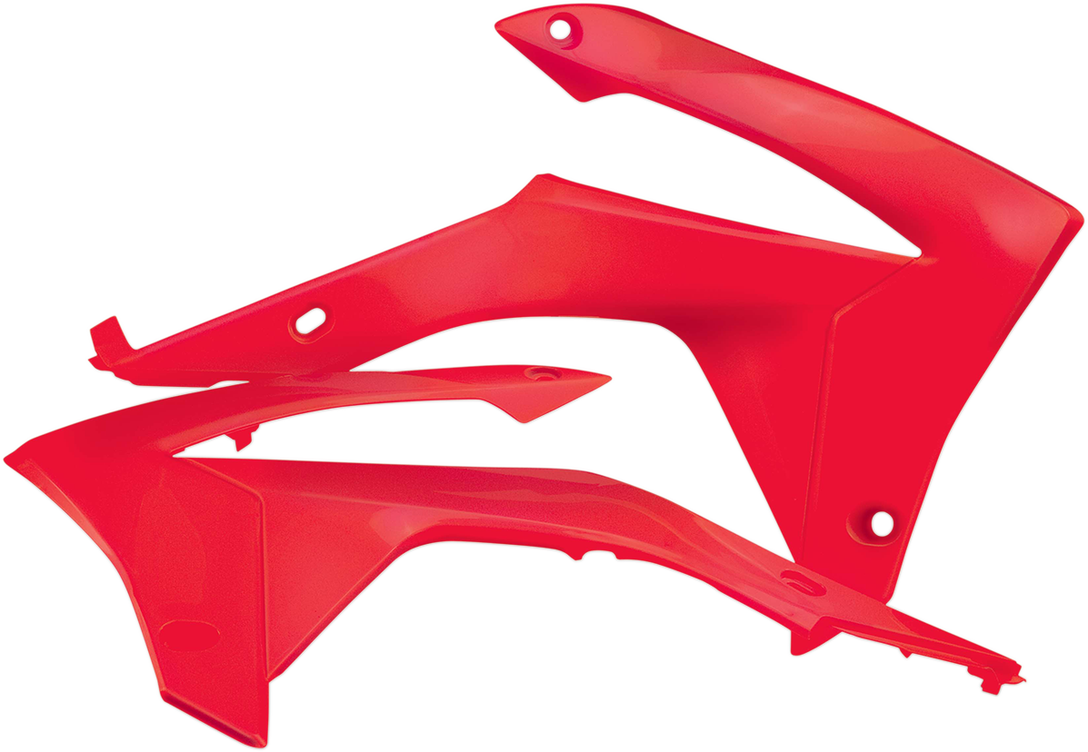 Red ACERBIS radiator shrouds for motorcycle body, featuring a sleek, aerodynamic design with brand-specific details.