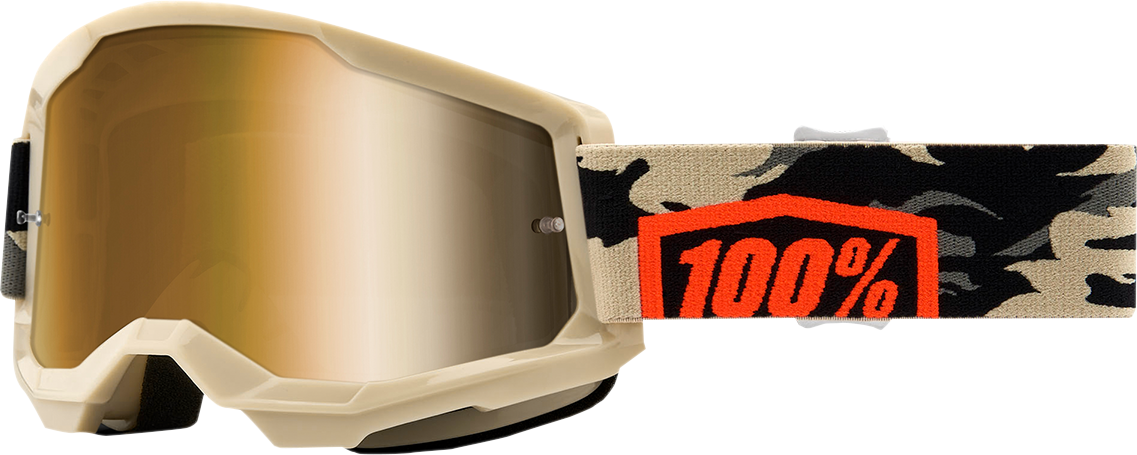 Bill's Exhausts 100% Strata 2 Kombat goggles in true gold with tinted lenses, designed for eye protection and high-performance riding.