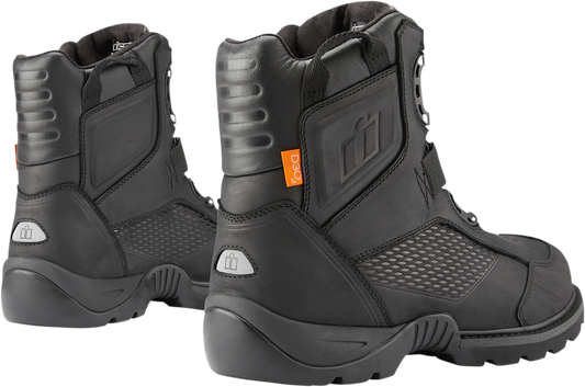 Black ICON Stormhawk Boots by Bill's Exhausts, size 8, showing the rugged leather construction and sturdy sole.