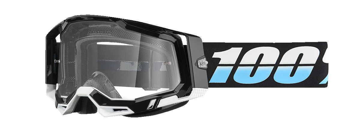 Clear 100% Racecraft 2 goggles by Bill's Exhausts with sleek frame and adjustable strap, designed for racing and extreme sports.