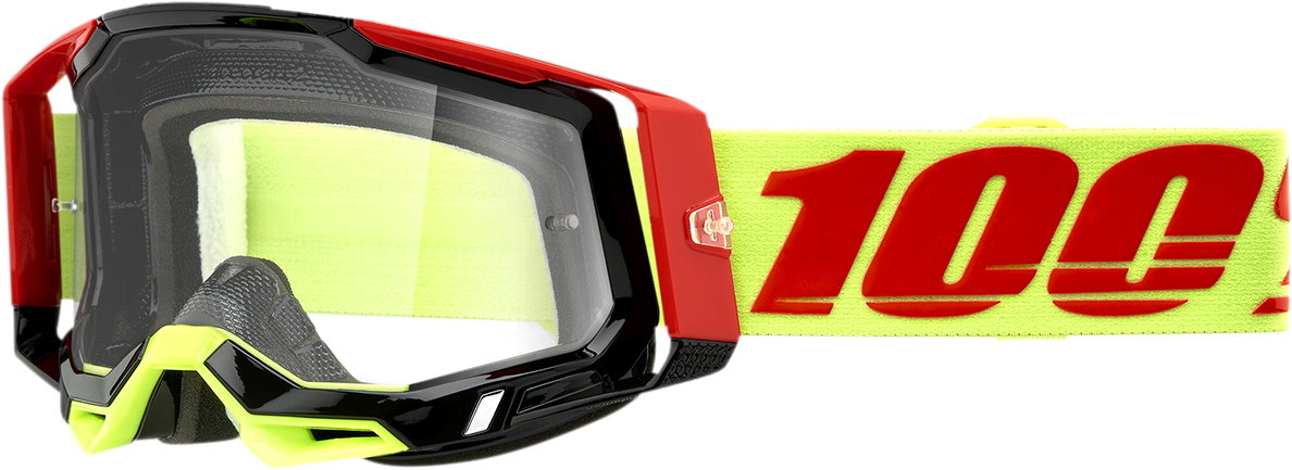 Bill's Exhausts 100% Racecraft 2 Wiz Clear goggles with wide lens and adjustable strap for motocross or off-road riding.