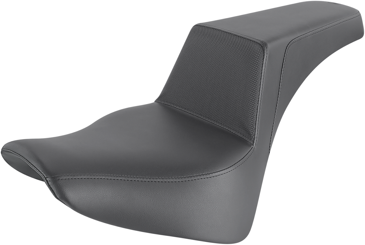 Black Saddlemens Step-Up Seat with gripper surface for motorcycles, designed for comfortable riding and enhanced grip.
