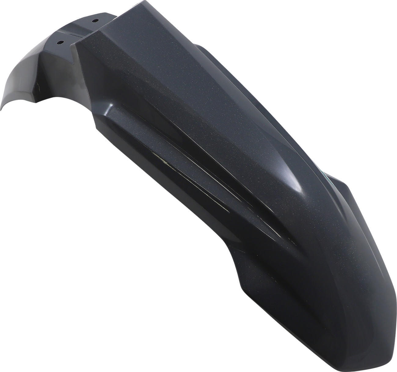 A gray metallic Acerbis front fender mounted on a motorcycle, showcasing its sleek body design and durable construction.