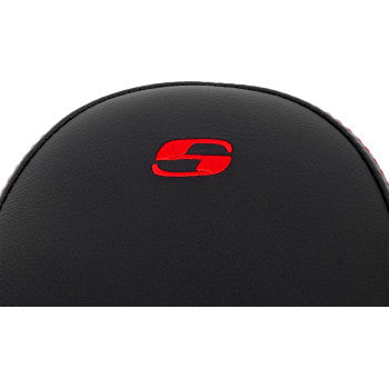 Front saddle seat with red lattice stitching for FLH/FLT motorcycles, featuring a step-up design from SADDLEMEN.