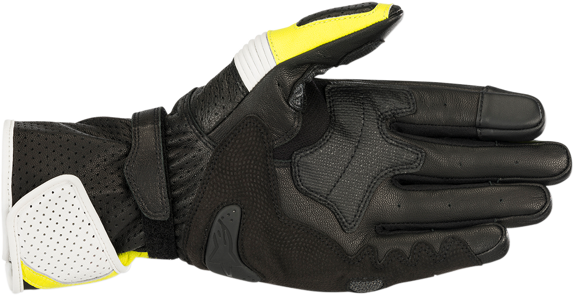Alpinestars SP-1 V2 motorcycle gloves in black, white, and fluo yellow, size 2XL, with protective knuckles and adjustable wrist strap.