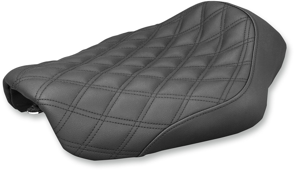 Black SADDLEMEN Renegade Solo Seat with lattice stitching for Dyna motorcycles, designed for comfort and style.