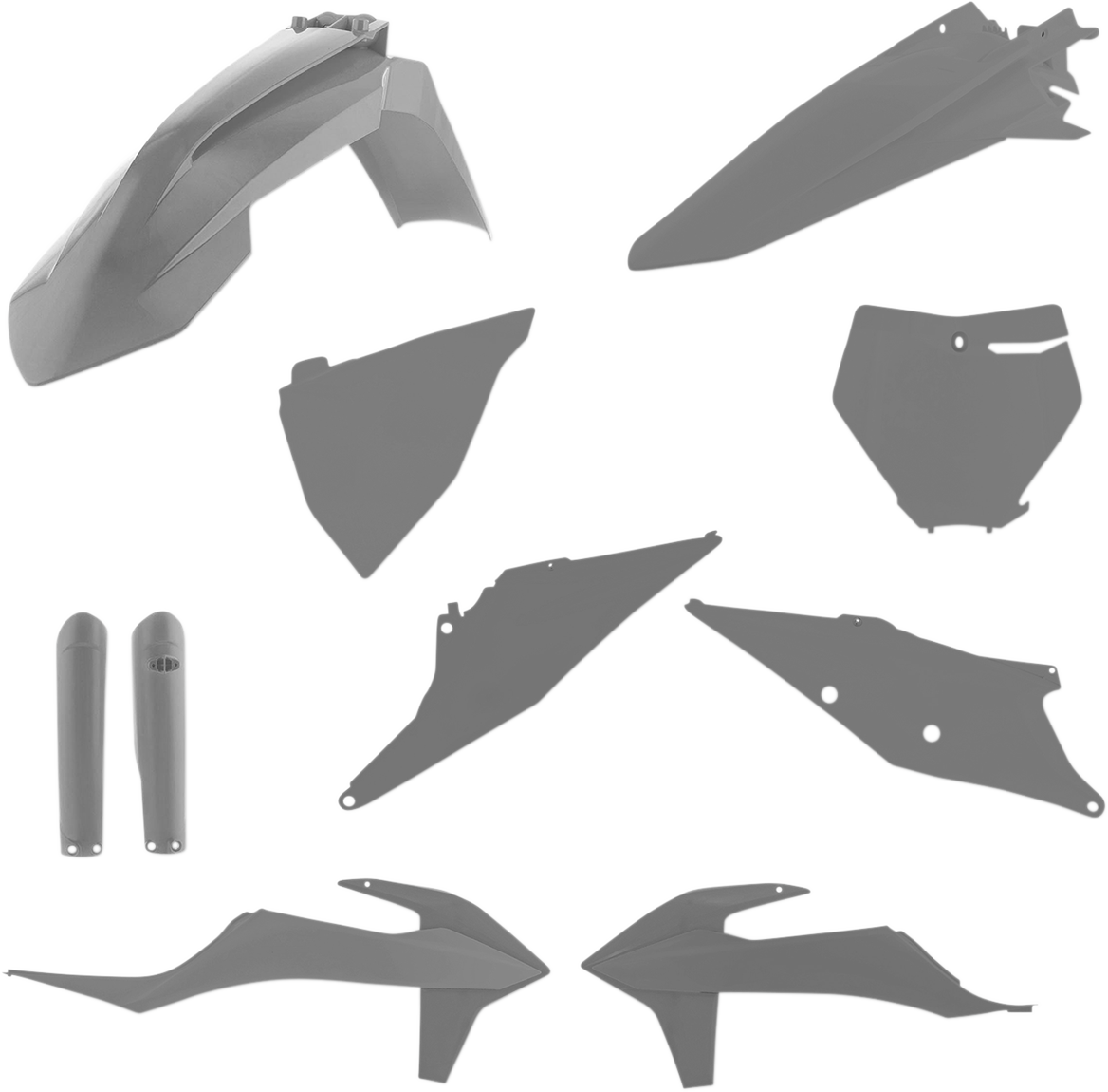 Gray Acerbis full replacement body kit for motorcycles, featuring sleek panels and a durable design, displayed in the image.