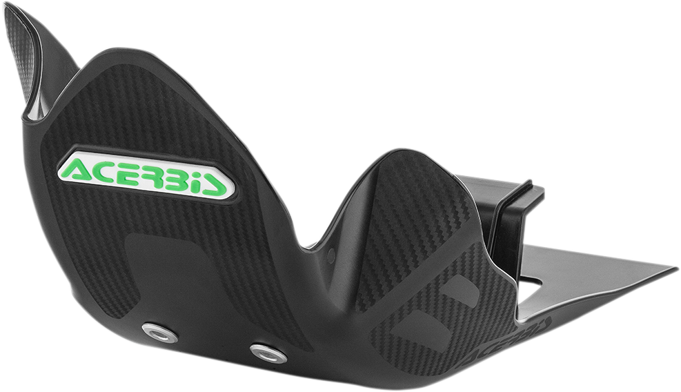 Black Acerbis skid plate for KX 250/250F motorcycle, designed to protect the body and engine from debris and impacts.