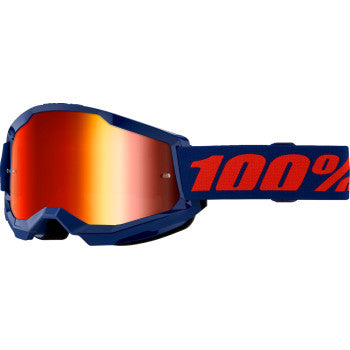 Bill's Exhausts 100% Strata 2 goggles in navy with red mirror lenses, designed for motocross or off-road riding.