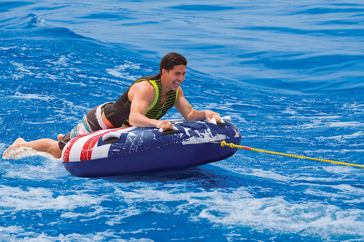 Bill's Exhausts AIRHEAD Sports Group Towable with stars and stripes design, water sports towable for fun on the lake or river.