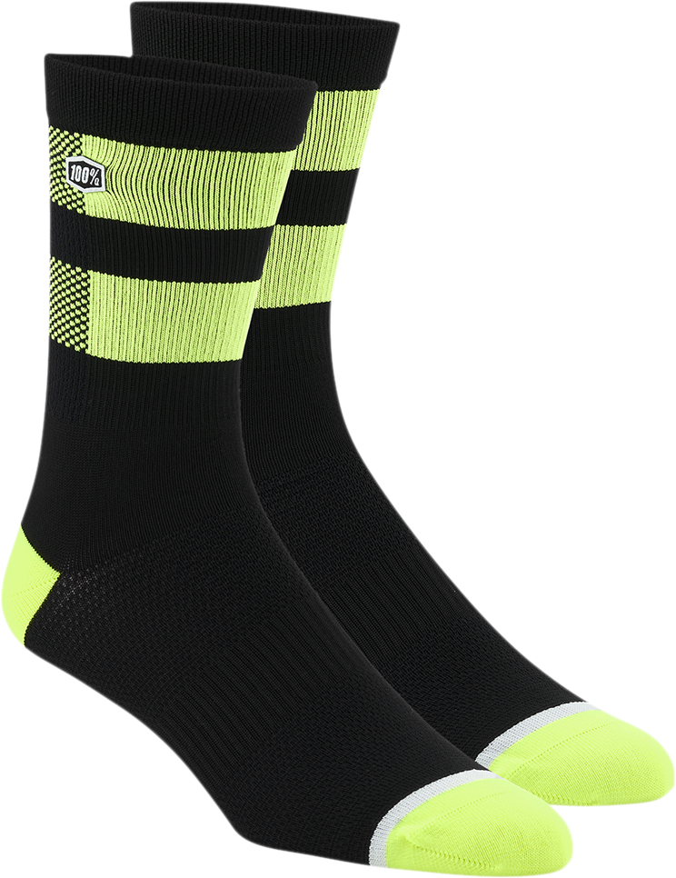 Black and fluorescent yellow 100% Flow Socks by Bill's Exhausts, small/medium size, with logo and vibrant design details.