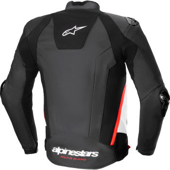 Alpinestars Missile v3 leather motorcycle jacket in black, white, and red fluo with protective armor, US size 46/EU 56.