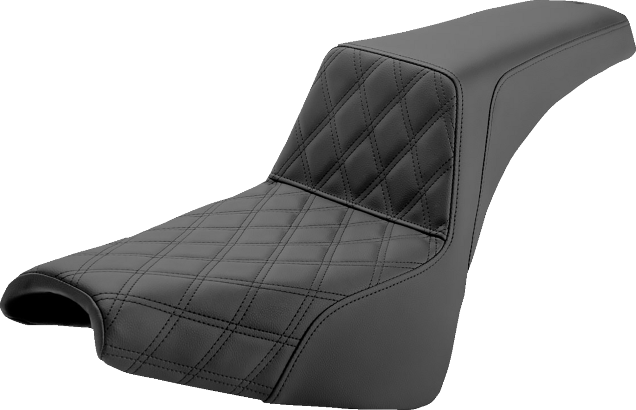 Black Saddlemens Step-Up Seat with front lattice stitch for motorcycles, featuring a sleek design and durable construction.