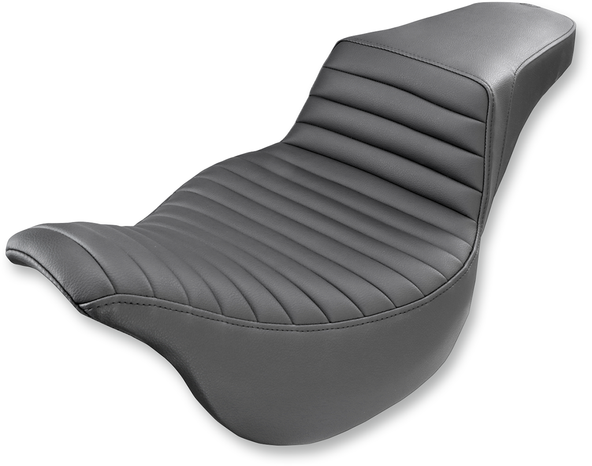 Black SADDLEMEN Step-Up Seat with front tuck-n-roll design for FL models 2008-2023, featuring durable seats by Bill's Exhausts.