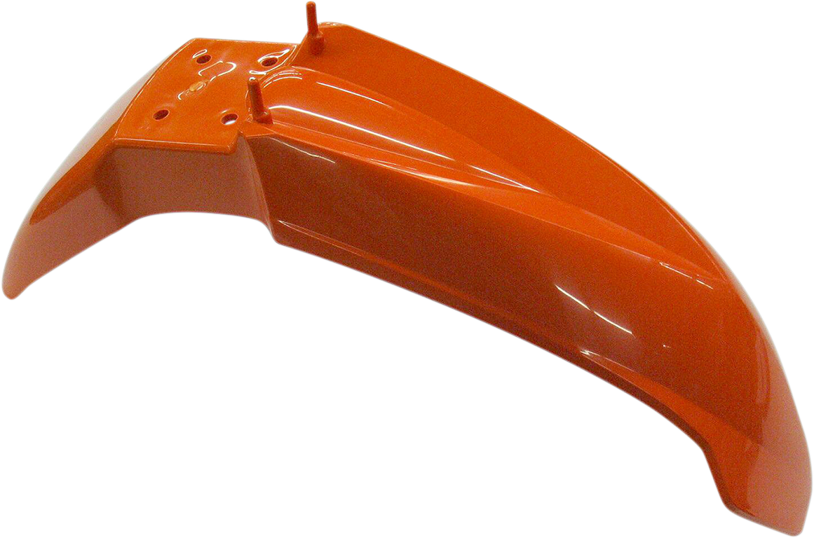 Orange Acerbis front fender for motorcycle, body part with vented design, mounted on bike with visible mounting points.