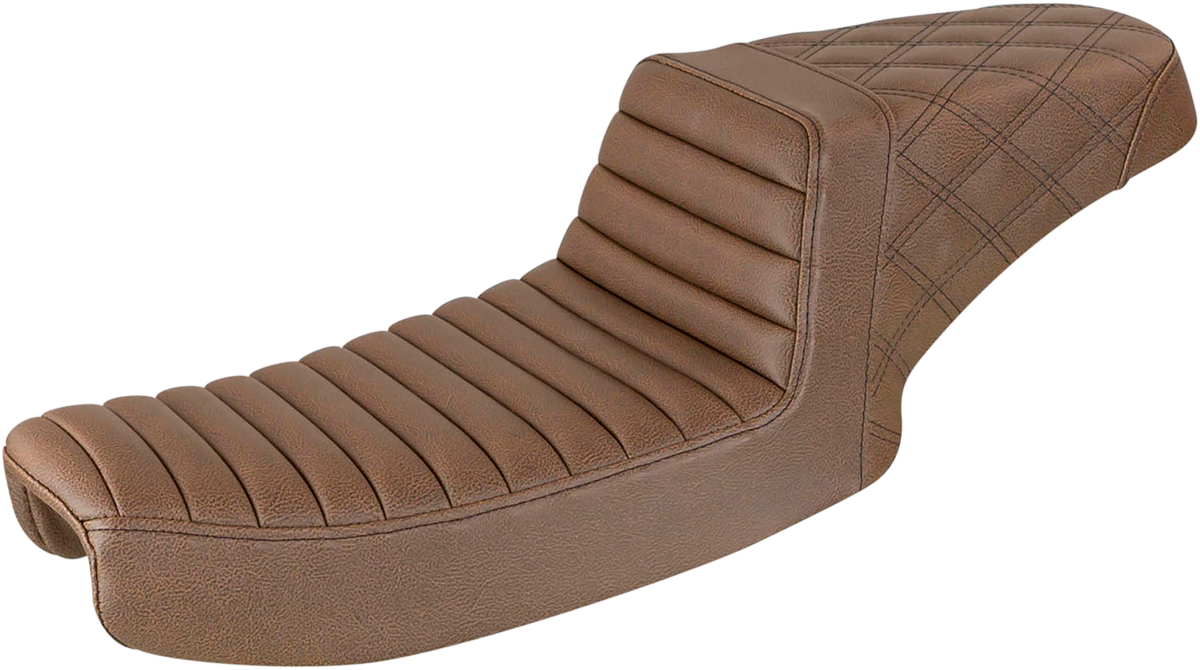 Brown SADDLEMEN Step-Up Seat with front tuck-n-roll and rear lattice stitch for motorcycle, designed by Bill's Exhausts.