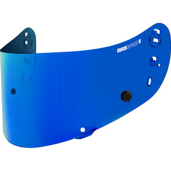 Bill's Exhausts ICON Tracshield™ Airframe Pro/Airmada boatdrink blue tracshield on motorcycle helmet for protection and style.