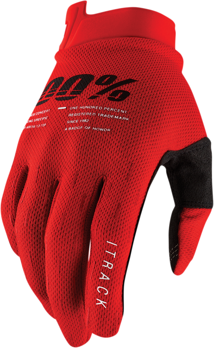 Red Bill's Exhausts 100% iTrack Gloves in medium size, showcasing durable gloves with textured grip for outdoor activities.