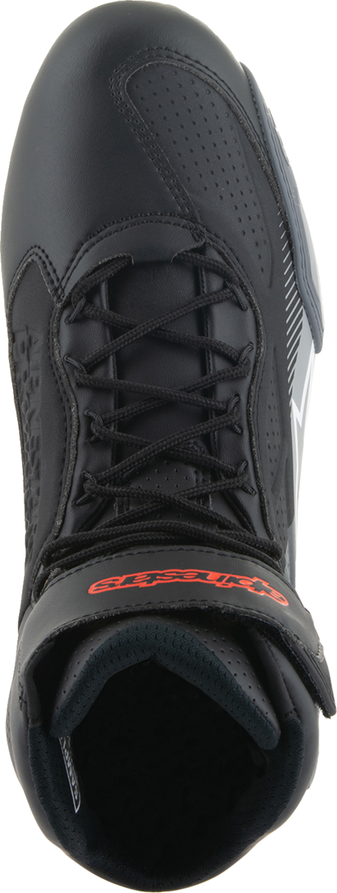 Black, gray, and red Alpinestars Faster-3 motorcycle shoes in US size 10 with durable design and sporty style.