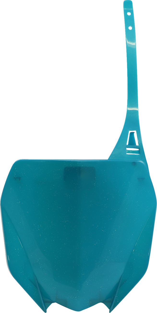 Acerbis teal front number plate for motorcycle, body panel with sleek design and bold teal color, mounted on bike frame.