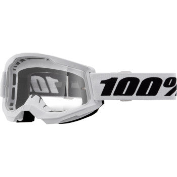 Bill's Exhausts 100% Strata 2 goggles in white with clear lenses, featuring a sleek design and adjustable strap for active wear.