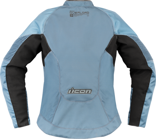Blue ICON Women's Overlord3â„¢ Jacket in XL, showing the stylish design and fit of this Bill's Exhausts branded jacket.