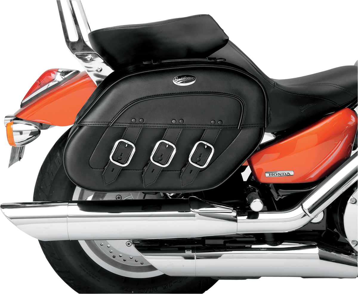 Rigid Saddlemens Saddlebag for Drifter 3501-0397, quick release design, mounted on motorcycle seat, black leather finish
