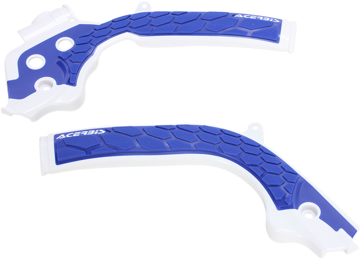 Acerbis X-Grip frame guards in white and blue, designed for motorcycle protection, with a sleek body fit and durable construction.