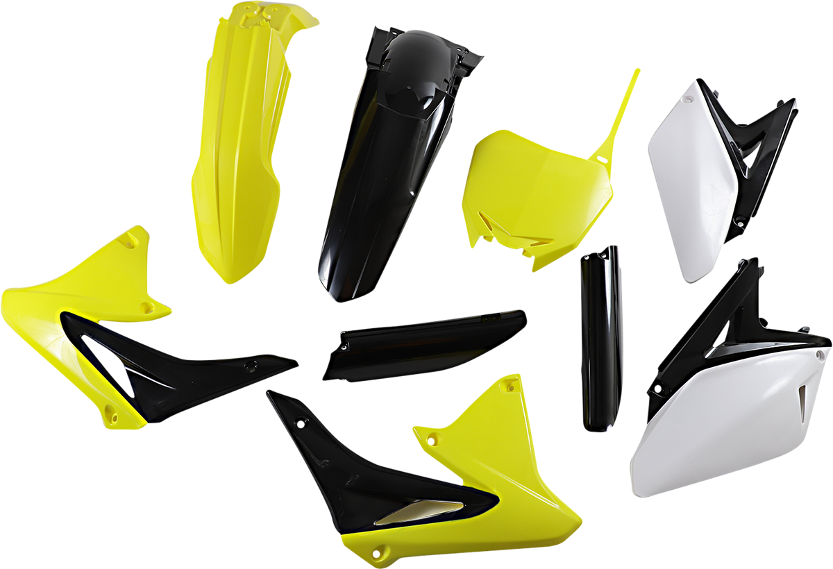 Acerbis full replacement body kit in yellow, black, and white for OEM '13 motorcycle, featuring streamlined body panels and design details.