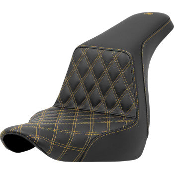 SADDLEMEN Step-Up Seat for FXLR/FLSB 2018-2021 with front lattice stitch and gold stitching, designed by Bill's Exhausts