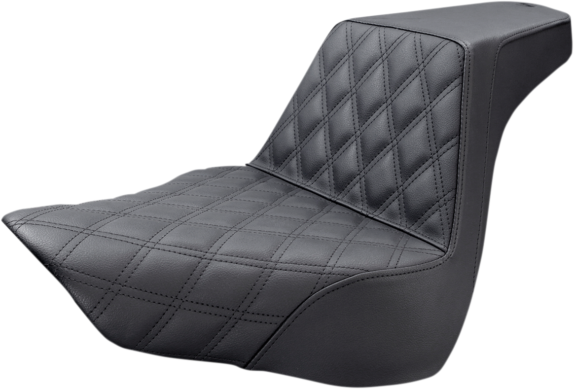 Black Saddlemens Step-Up Seat with front lattice stitch design, featuring a sleek, cushioned motorcycle seat for enhanced comfort.