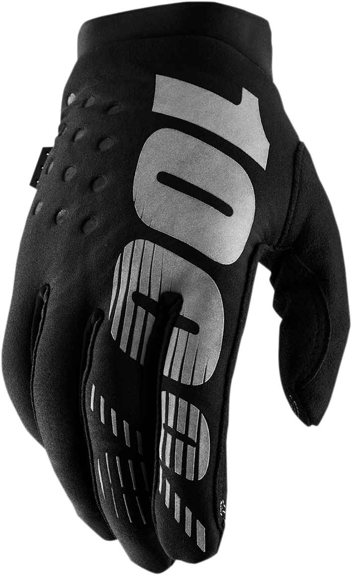 Black and gray 100% Youth Brisker Gloves in XL by Bill's Exhausts, featuring a snug fit and durable design for active wear.