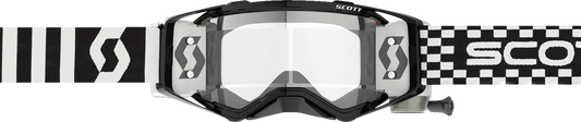 Scott Prospect WFS racing goggles in black and white with clear lenses, designed for motocross and off-road riding.