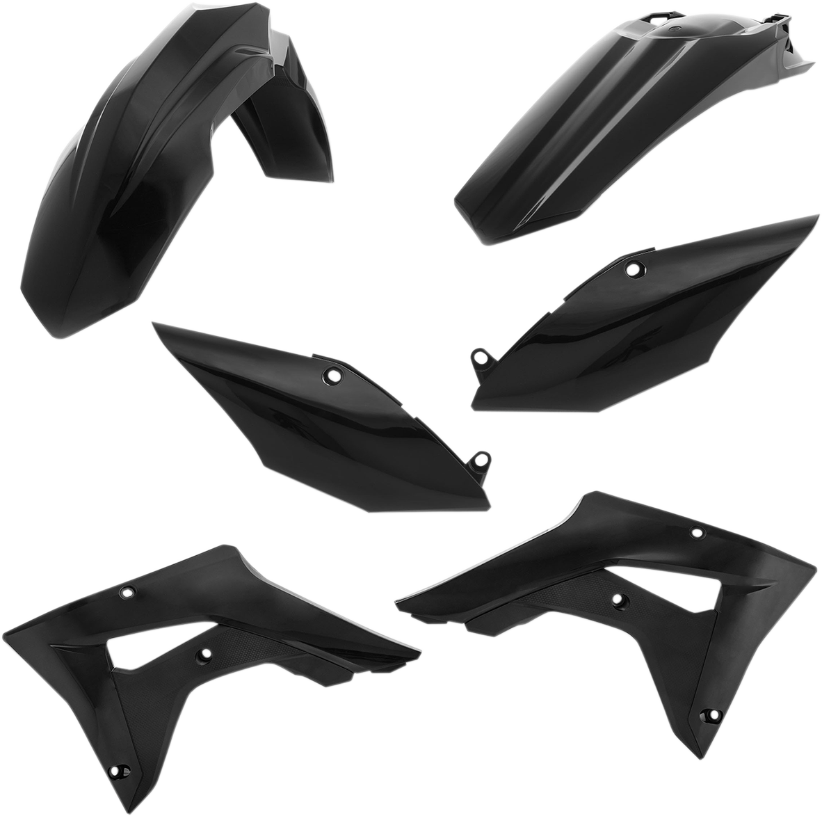 A black Acerbis standard replacement body kit for motorcycles, featuring sleek body panels and mounting points.