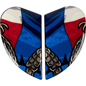 ICON Airframe Pro™ side plates in Tejas Libre design, compatible helmet parts by Bill's Exhausts, shown on a helmet.