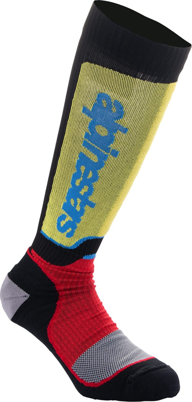 Alpinestars Youth MX Plus Socks in black, white, yellow, and blue with medium/large size, designed for motocross riding.