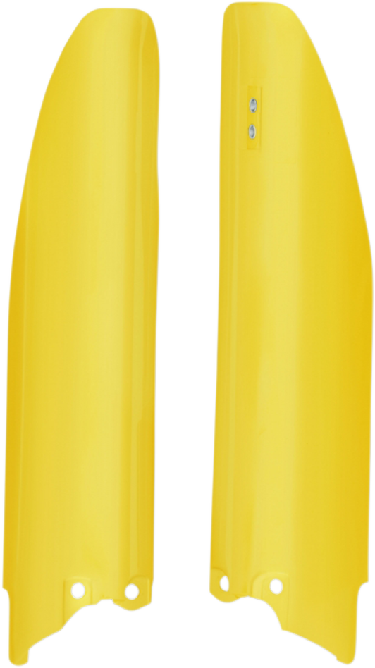 Acerbis yellow lower fork covers for motorcycle suspension, featuring a sleek body design with branding details.