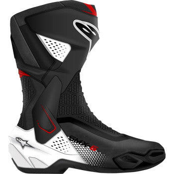 Alpinestars SMX-6 V3 motorcycle boots in black, white, and red graphic with US size 6.5, side view showing protective design and branding.