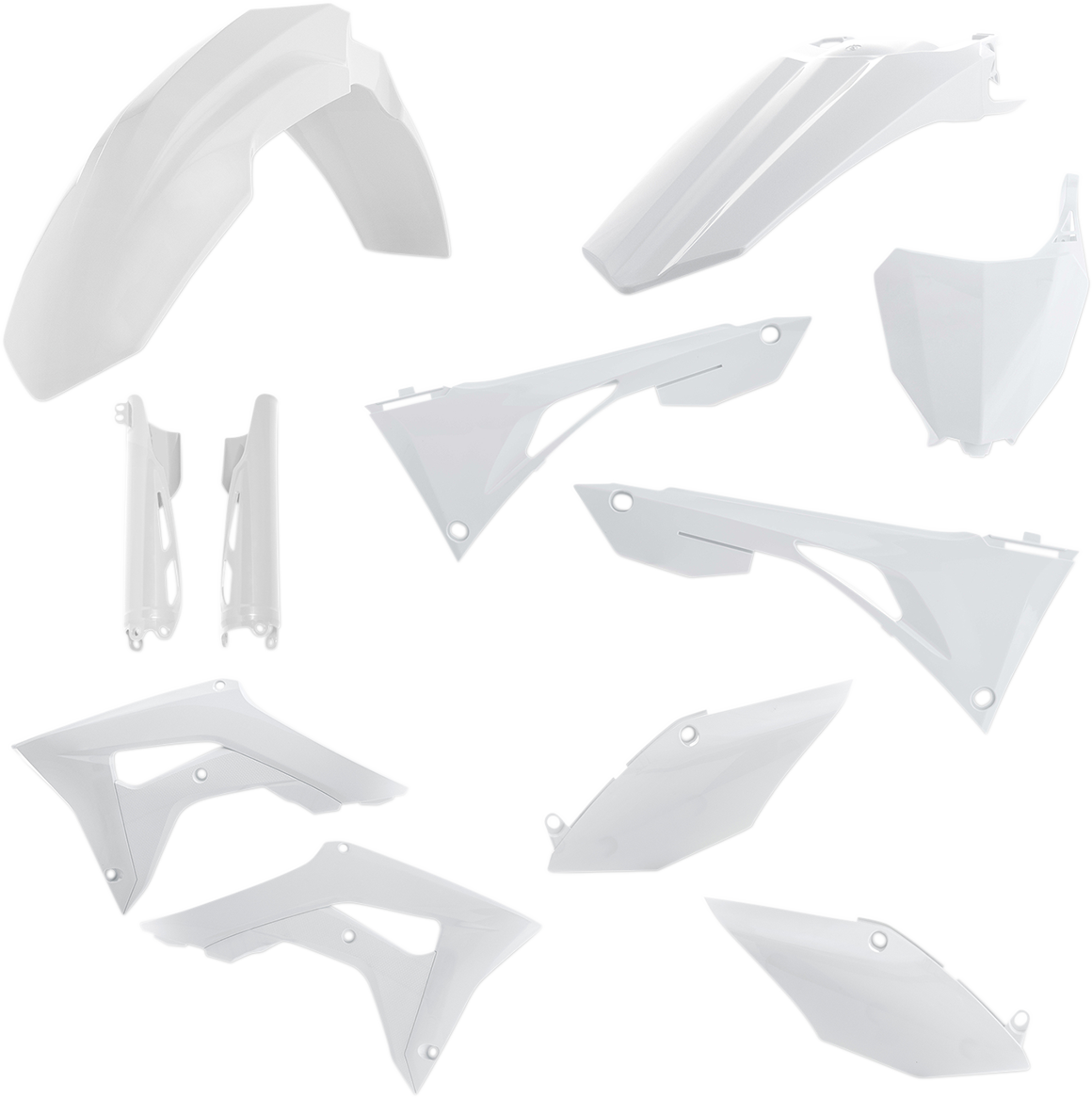 A white Acerbis full replacement body kit for motorcycles, showing the sleek, aerodynamic design of the body panels.