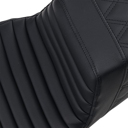 Black SADDLEMEN Step-Up Seat with front tuck-n-roll and rear lattice stitch for Harley FL models 2008-2023.