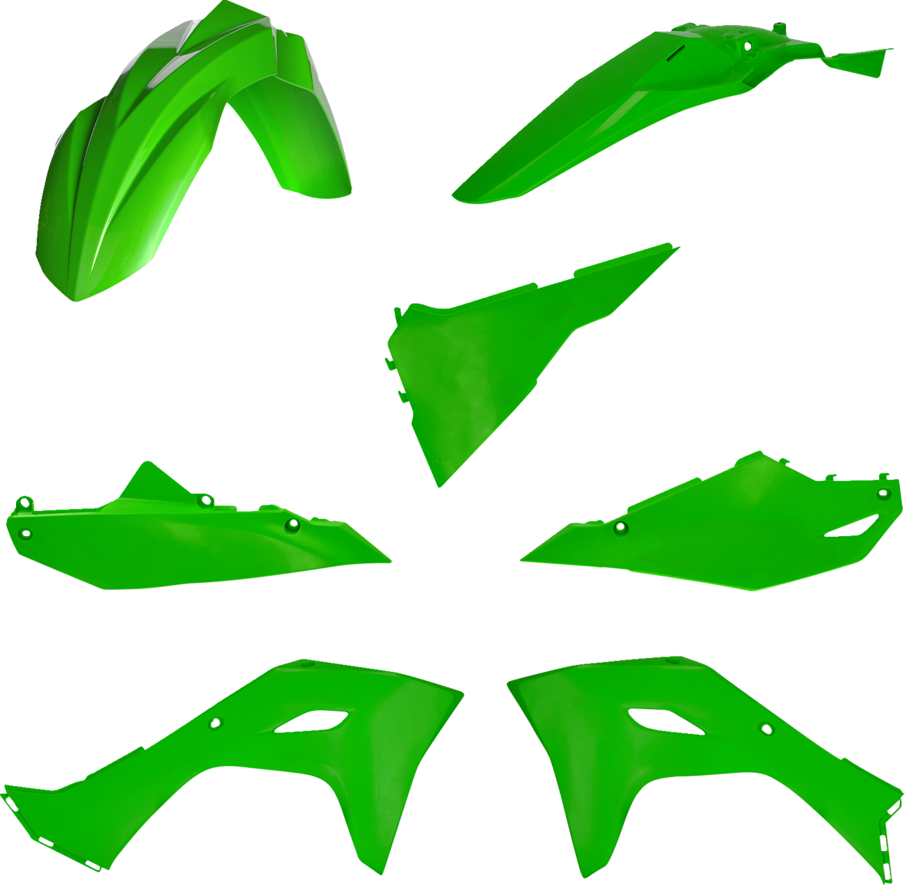 A green ACERBIS full motorcycle body kit for OEM '24, featuring sleek, aerodynamic design with detailed parts on a white background.